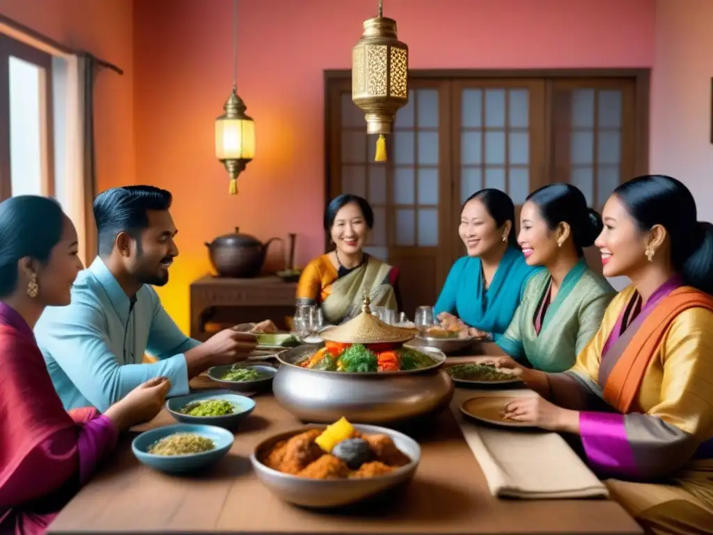 Experiencia de inmersión cultural homestay: gente diversa en convivencia festiva alrededor de una mesa colorida
