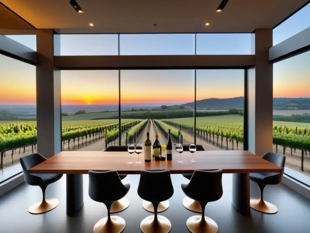 Sala de cata de vinos y licores con vistas panorámicas al atardecer Experiencia refinada en club de vinos y destilados con vistas a viñedos al atardecer