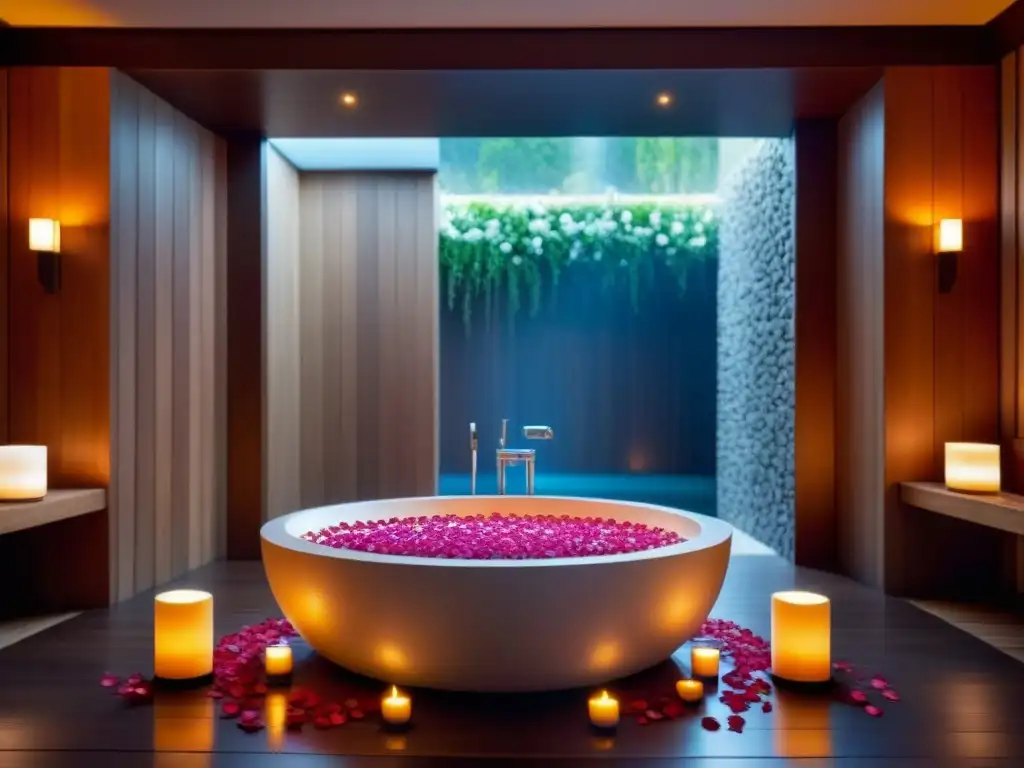 Experiencia de spa cultural: bañera de madera lujosa con pétalos de flores y velas, ambiente tranquilo y relajante