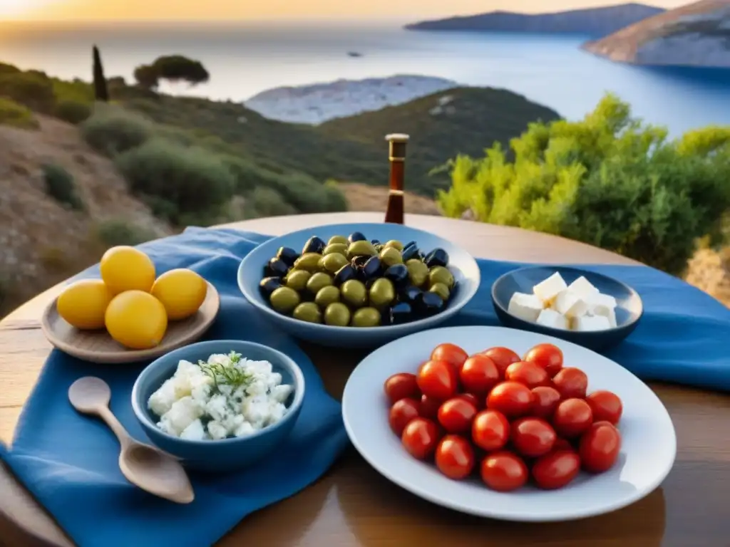 Experiencias culinarias en islas griegas: Cena gourmet al atardecer en una mesa de madera rústica con manjares locales y puesta de sol griega