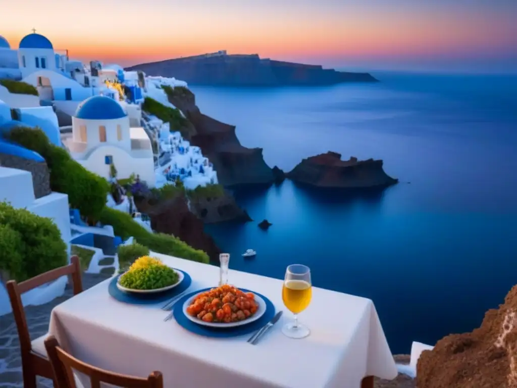 Experiencias culinarias en islas griegas: Una taberna griega tradicional en Santorini al atardecer, con vistas al mar Egeo