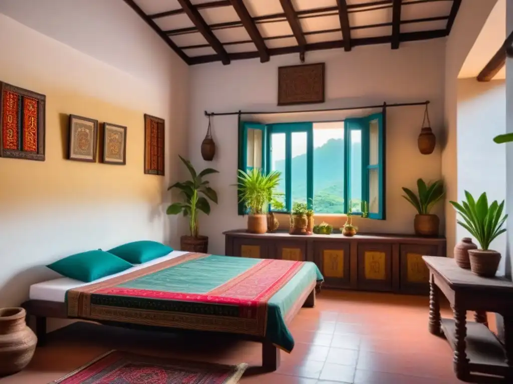 Experiencias culturales en homestays: Detalle de una estancia tradicional con elementos decorativos coloridos y artesanales en un destino exótico