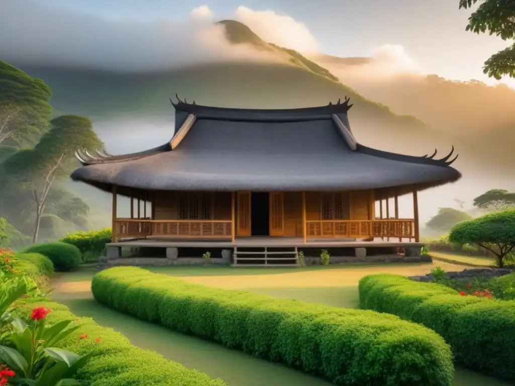 Experiencias homestay en culturas ancestrales: cabaña de madera entre exuberante vegetación y flores vibrantes, con un toque etéreo de neblina y luz solar filtrada