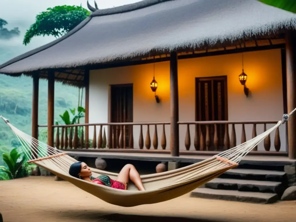 Experiencias homestay en culturas ancestrales: Hogar tradicional en la selva exótica, detalles artesanales y hamaca en primer plano