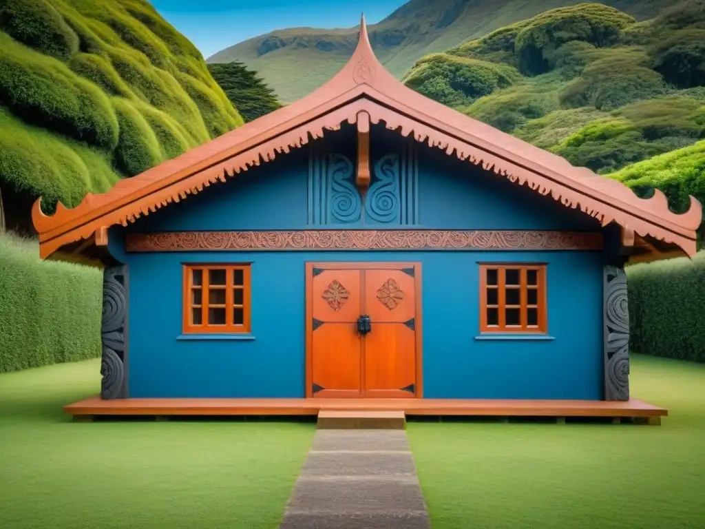 Experiencias homestay culturas maoríes: Detalle tallado en wharenui maorí con símbolos ancestrales en paisaje verde y cielo azul