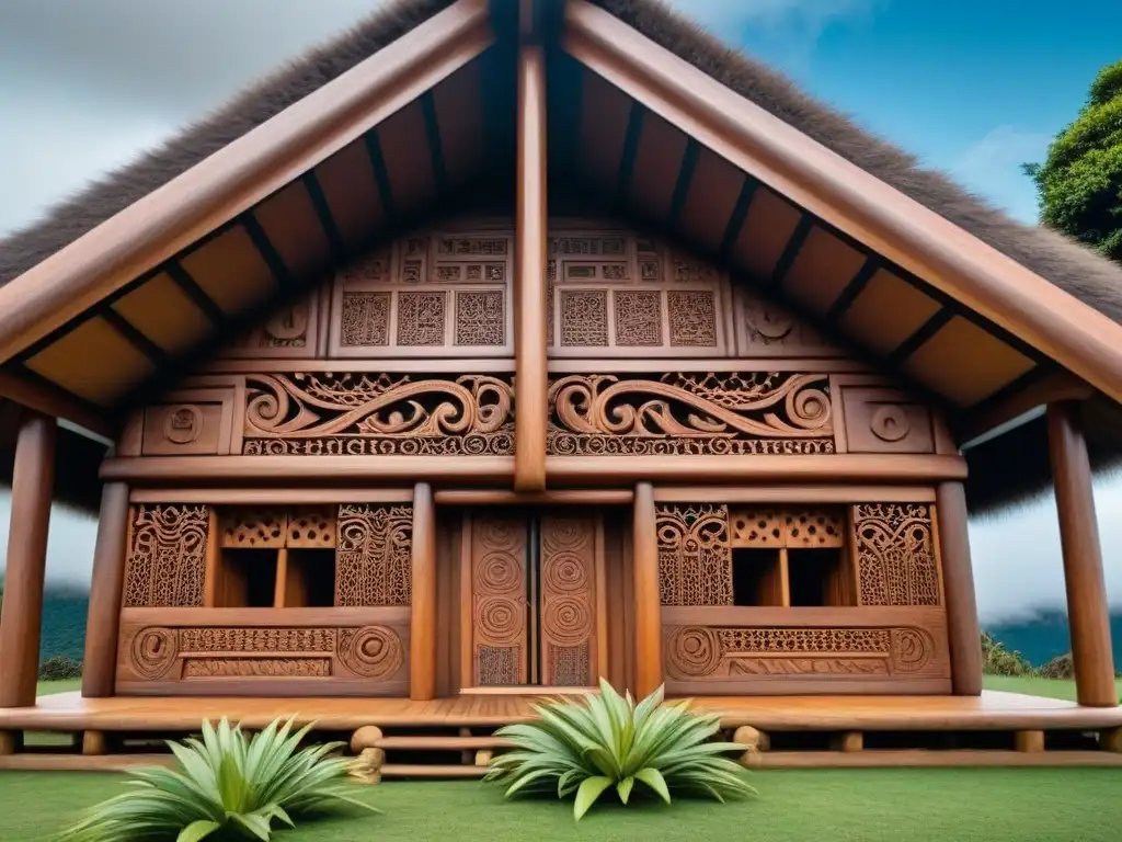 Experiencias homestay culturas maoríes: Detalles tallados en wharenui Maorí, en un entorno natural vibrante