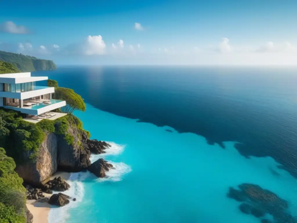 Villa de lujo en acantilado: minimalismo y vistas al mar Experiencias de homestays en destinos exóticos: lujosa villa minimalista en acantilado con vista al mar turquesa