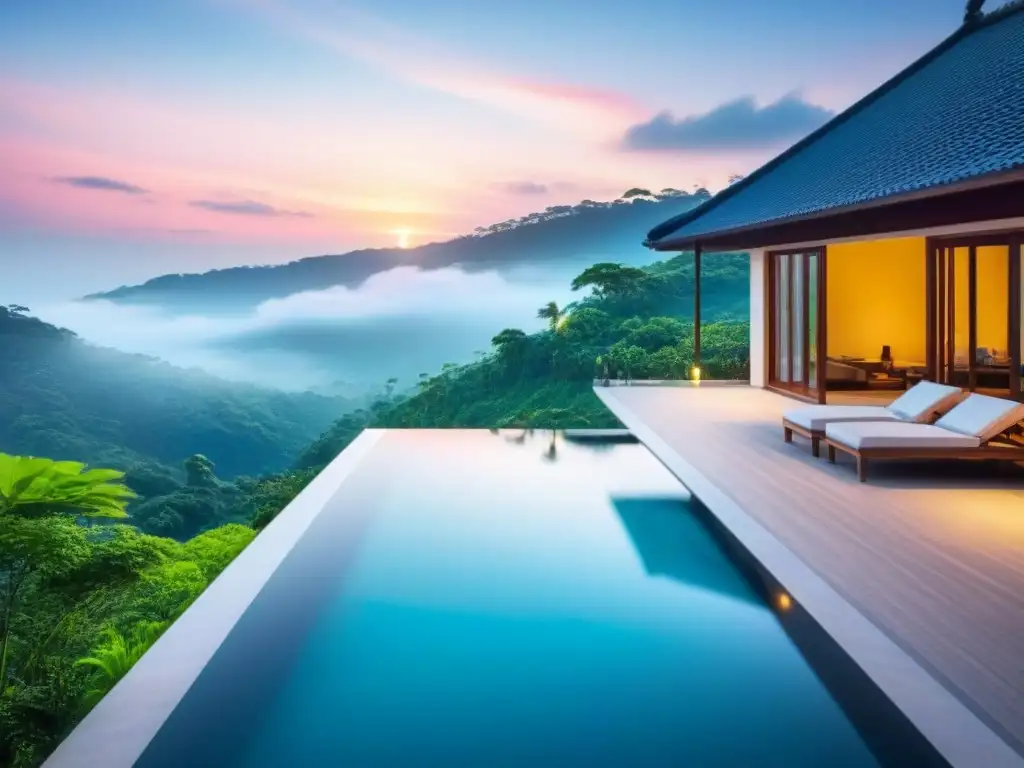 Villa de lujo entre exuberante naturaleza y atardecer vibrante Experiencias de homestays en destinos exóticos: Villa de lujo con piscina infinita y atardecer vibrante entre vegetación tropical