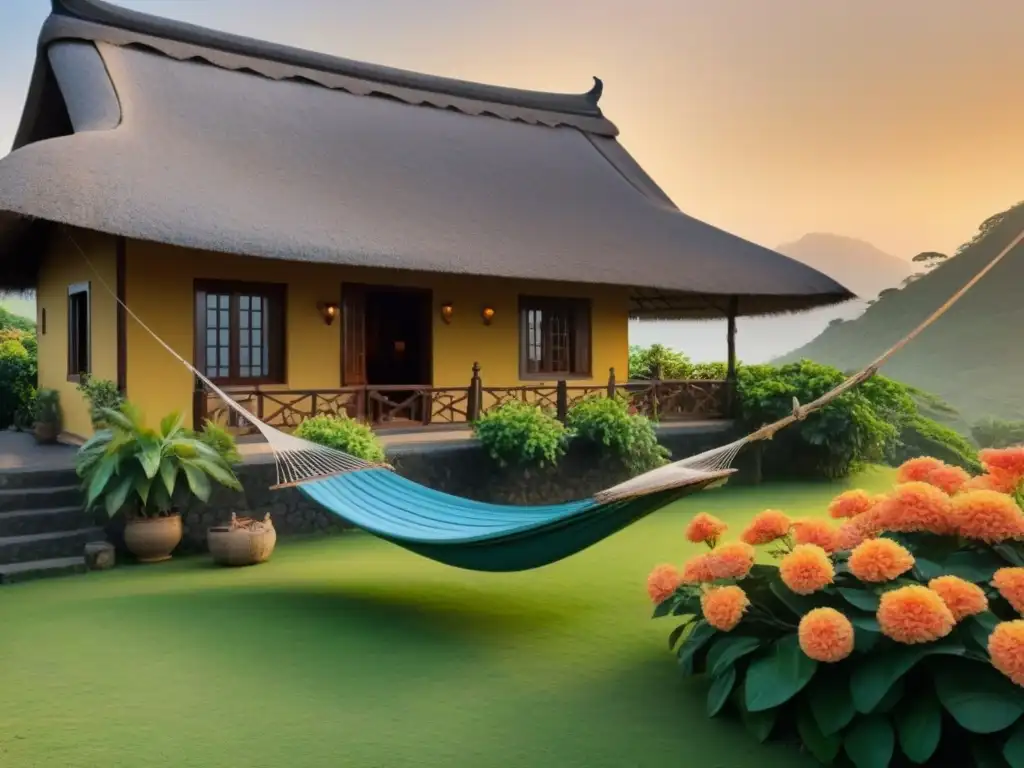 Refugio tropical: cabaña de paja en jardín exótico al atardecer Experiencias de homestays en destinos exóticos: Un refugio tranquilo entre exuberante naturaleza y flores vibrantes al atardecer