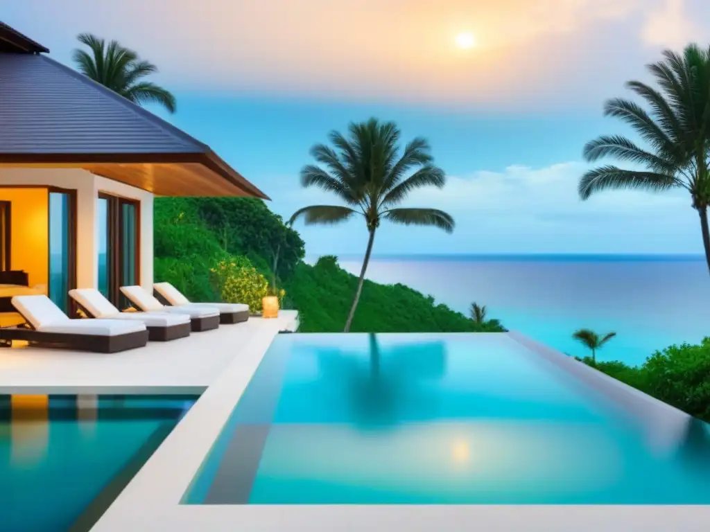 Villa de lujo frente al mar en destino exótico Experiencias de homestays en destinos exóticos: Villa de lujo frente al mar con vista al océano turquesa al atardecer