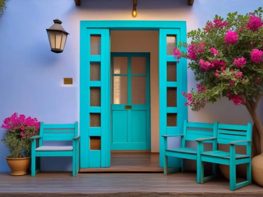 Entrada serena de homestay tradicional en Uruguay Experiencias de homestay en Uruguay: Puerta de madera rústica con fachada turquesa, enmarcada por sillas de madera y buganvilias en flor