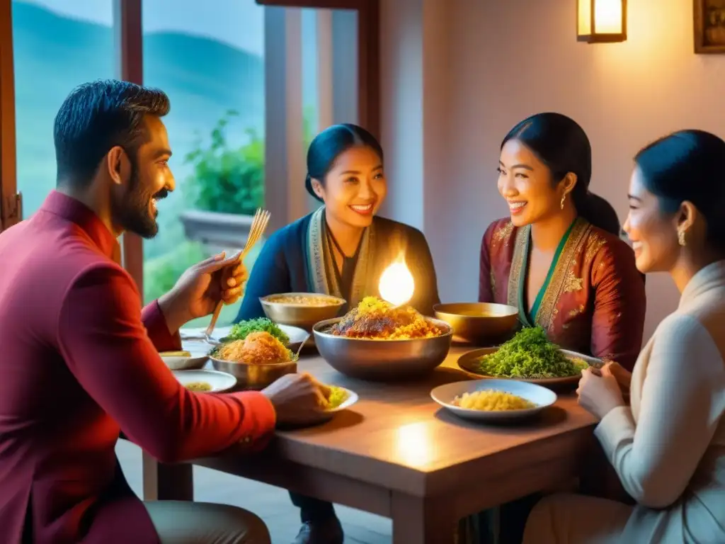Encuentro multicultural en casa: historias y risas alrededor de la mesa Experiencias de homestay para viajeros: Grupo diverso disfruta de comida casera y conversación animada en ambiente acogedor
