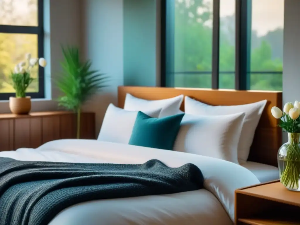 Exploración cultural responsable en homestays: Acolchado blanco, flores frescas y ventana abierta hacia jardín sereno
