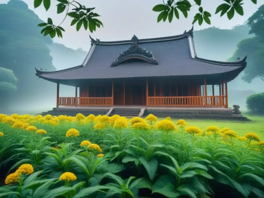 Exploración cultural responsable en homestays: Casa de madera rodeada de naturaleza exuberante y flores vibrantes