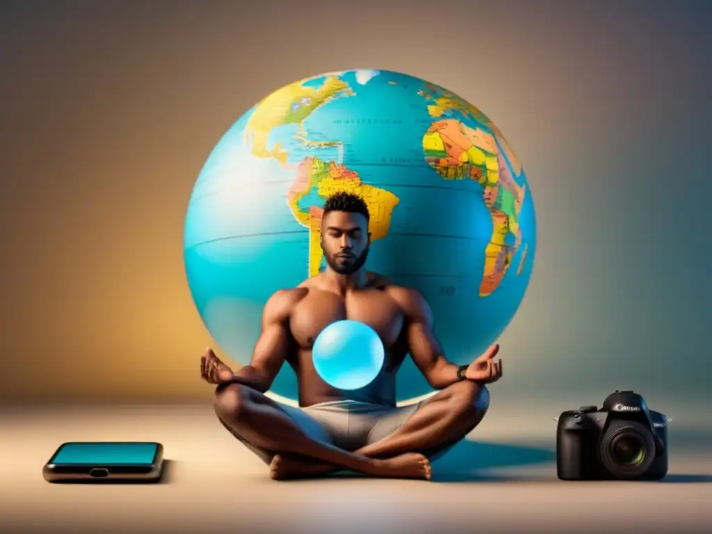 Exploración cultural responsable en homestays: Persona en equilibrio entre lo tradicional y lo digital, rodeada de símbolos culturales y tecnológicos