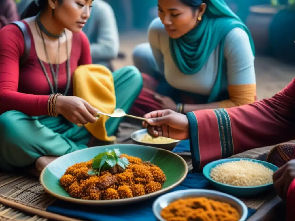 Exploración cultural responsable en homestays: Viajero interactuando con comunidad local durante comida tradicional