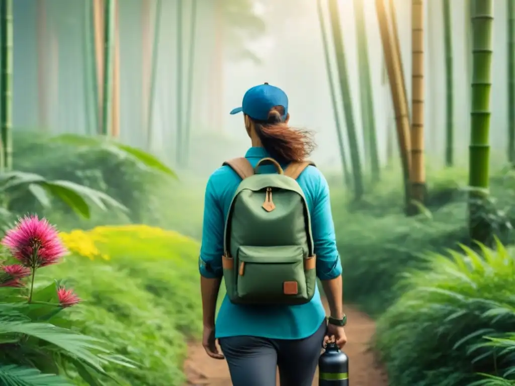 Explorador en bosque verde con accesorios de viaje sostenibles como reloj de bambú y cartera de corcho