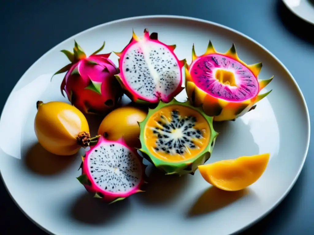 Deléitate con una explosión de colores y sabores exóticos en una composición de frutas frescas y vibrantes