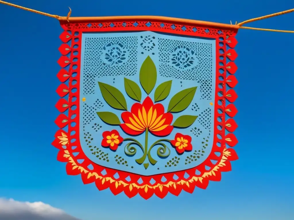 Papel Picado Mexicano: Arte Tradicional y Transformación Cultural Expresiones artísticas tradicionales transformadoras: detallado papel picado mexicano vibrante contra cielo azul