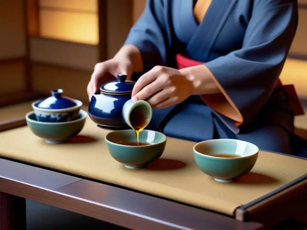 Exquisita ceremonia del té japonés en sala tatami: movimientos delicados, armonía y respeto