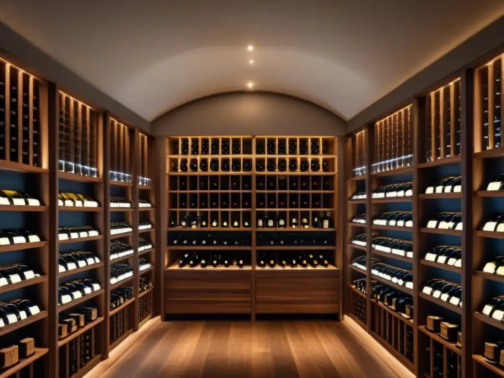 Exclusiva bodega de vinos: lujo y sofisticación Un exquisito club de vinos: bodega lujosa con botellas de vino meticulosamente organizadas, creando una atmósfera de sofisticación y misterio