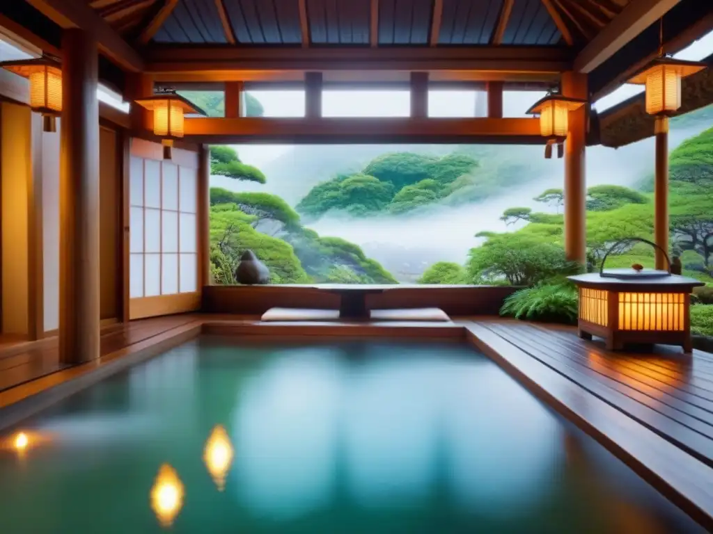 Un exquisito onsen japonés rodeado de naturaleza exuberante y faroles tradicionales, ideal para tratamientos spa culturas globales