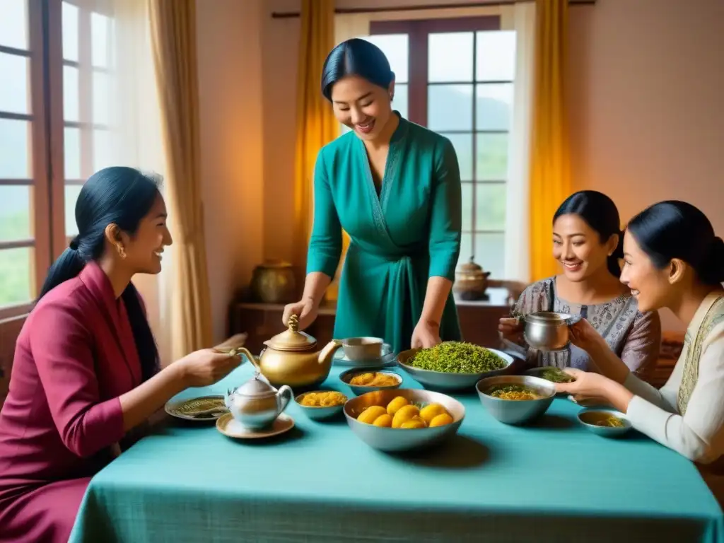 Una familia anfitriona y sus invitados comparten una comida tradicional en un hogar, reflejando la inmersión cultural en homestays globales