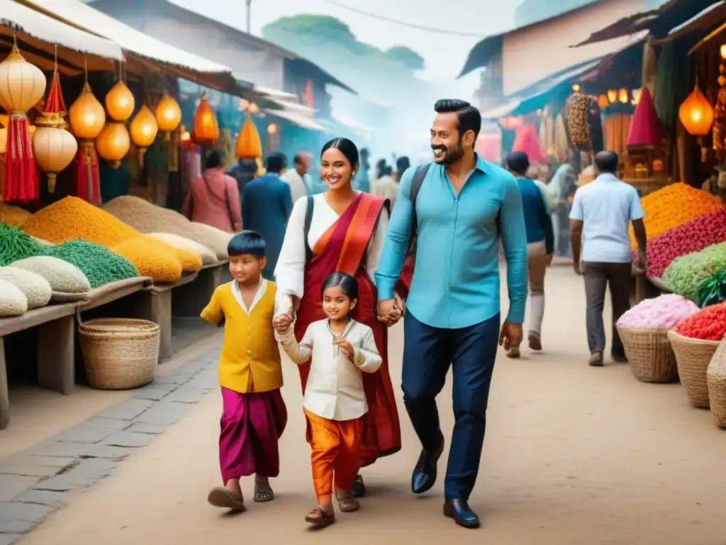 Una familia de cuatro explorando un bullicioso mercado en un país extranjero, empacando para homestay cultural familiar