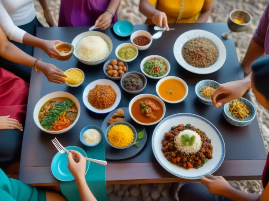 Una familia diversa disfruta de un festín multicultural, reflejando la alegría de descubrir nuevos sabores juntos