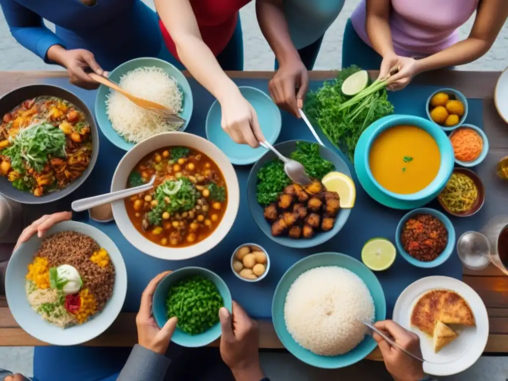 Una familia diversa disfruta de platos del mundo en un mercado bullicioso
