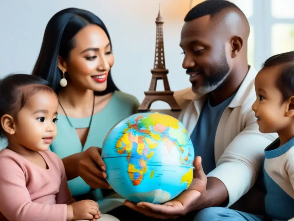 Una familia diversa rodea un globo con objetos culturales, transmitiendo unidad y curiosidad