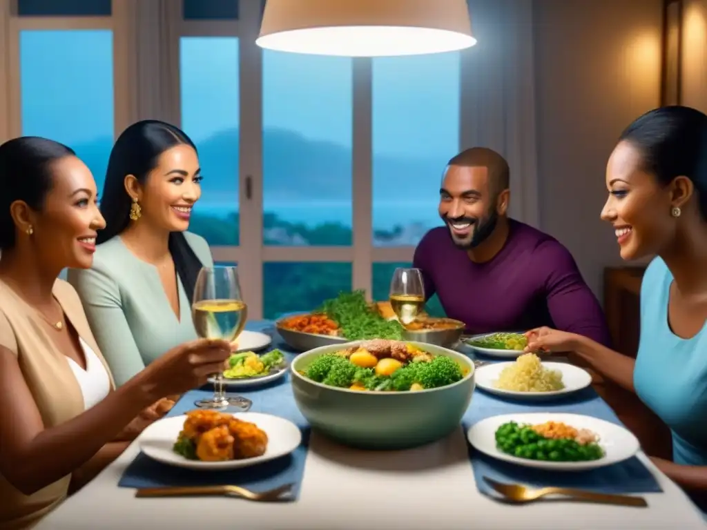 Emotiva cena familiar multicultural: diversidad y conexión Una familia diversa comparte risas y anécdotas en una cena, resaltando la importancia de los Seguros de viaje para homestays
