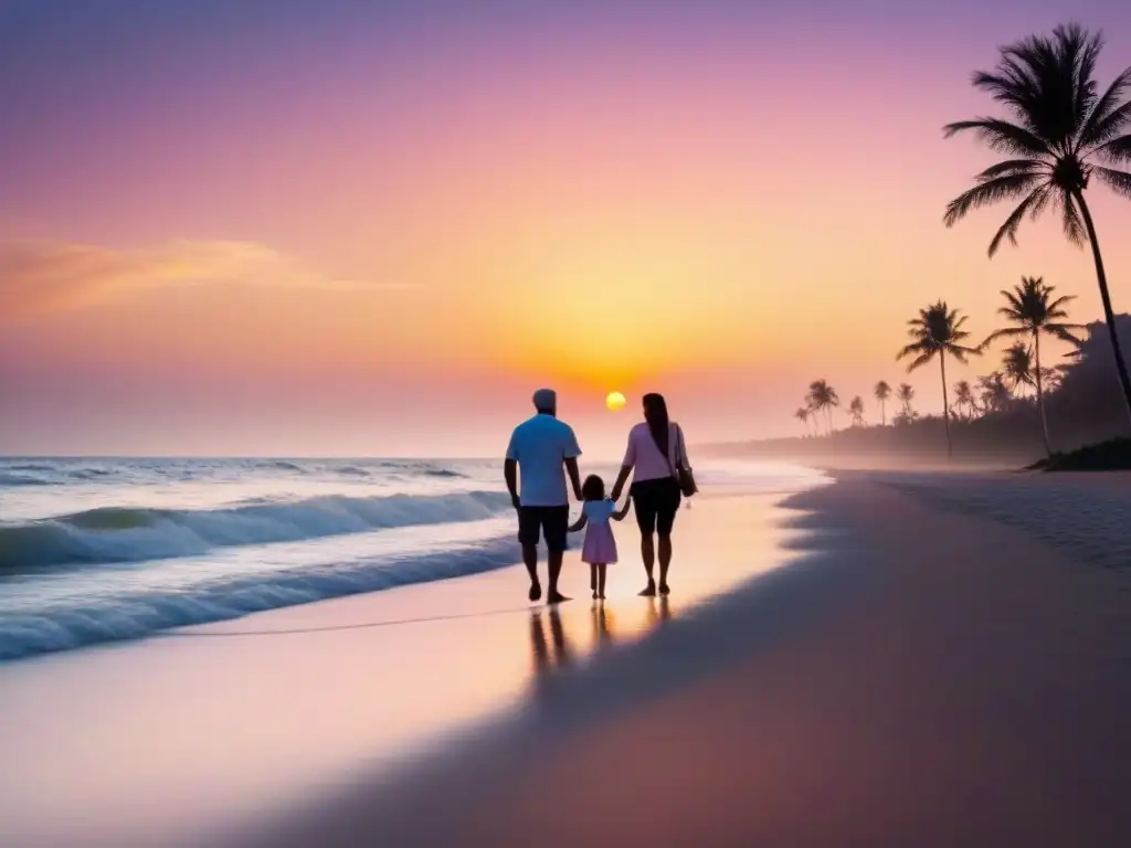 Familia de tres generaciones paseando en la playa al atardecer