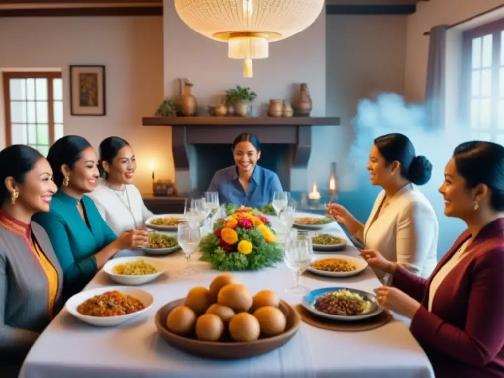 Una familia disfruta de un intercambio cultural en un homestay, compartiendo una comida multicultural