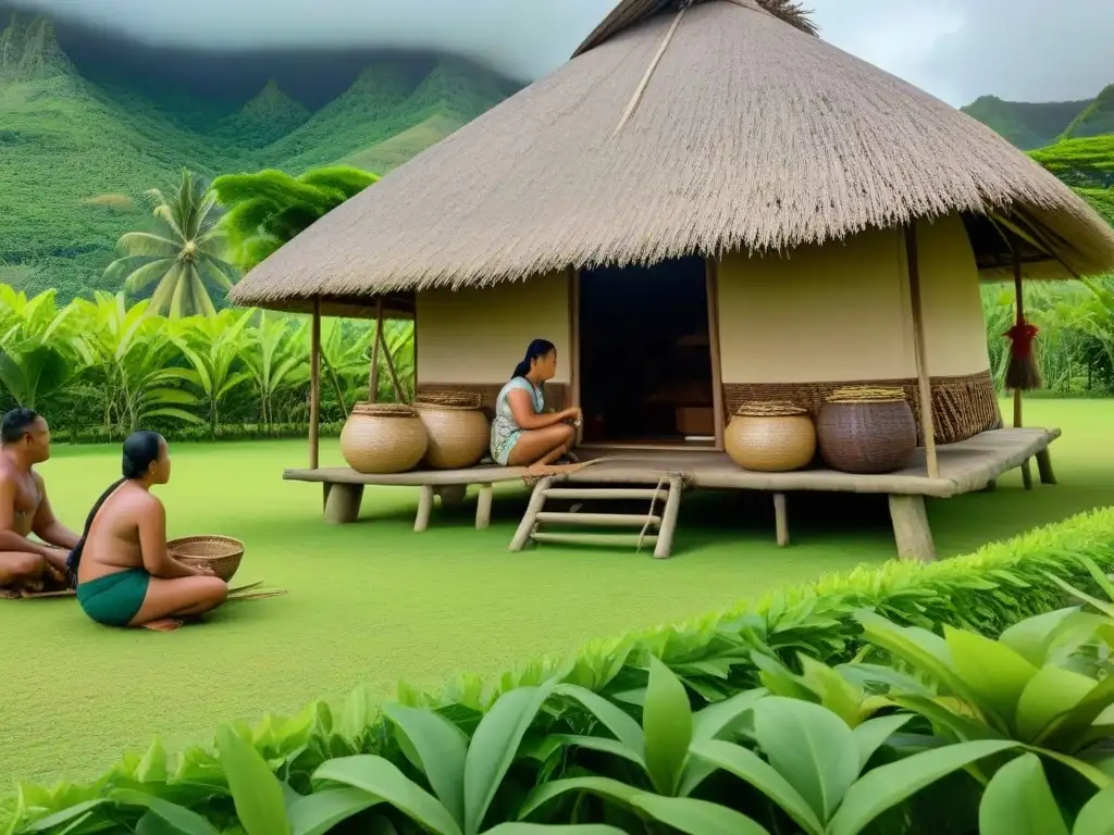 Homestay tradicional Chamorro: vida auténtica en Guam Una familia local disfruta de actividades culturales frente a una choza Chamorro en medio de exuberante vegetación en homestays culturales en Guam