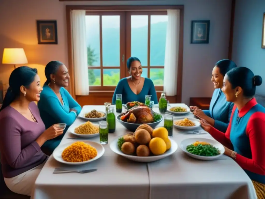 Una familia multicultural disfruta de una cena en un homestay, compartiendo historias y risas en un ambiente cálido y acogedor