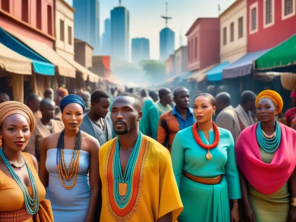 Mercado vibrante en África Subsahariana: tradición y progreso Fascinante mercado africano: ropa tradicional, artesanías y arquitectura moderna, reflejo de la adaptación a inmersión cultural África