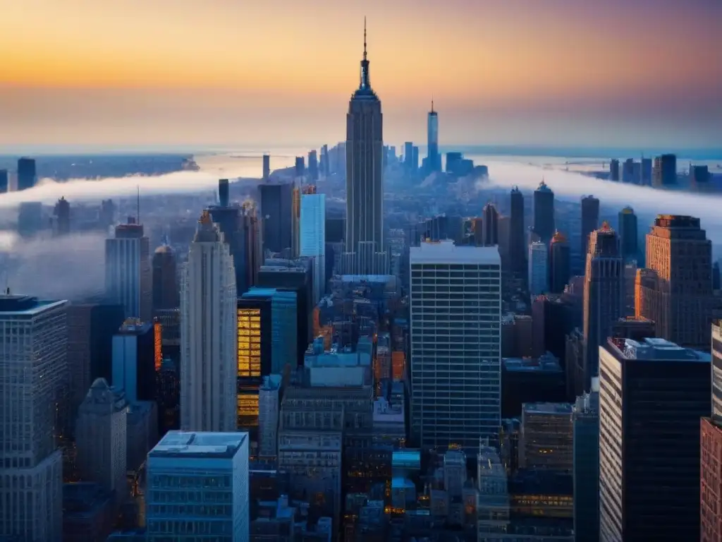 Fascinante fotografía urbana en Nueva York al atardecer, con luces y sombras en el horizonte de Manhattan