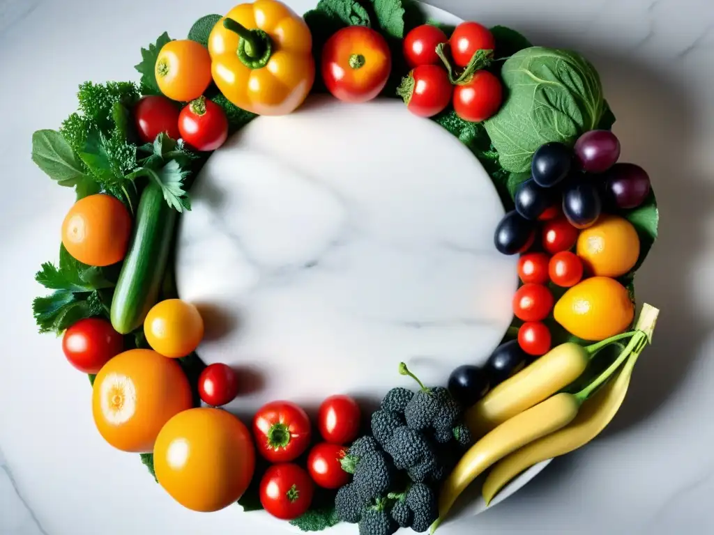 Un festín de frutas y verduras frescas en un elegante mostrador de mármol blanco