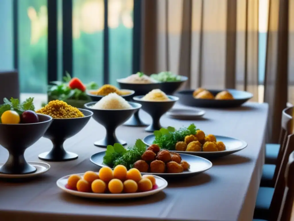 Un festín multicultural en una mesa de madera larga, iluminada por luz natural