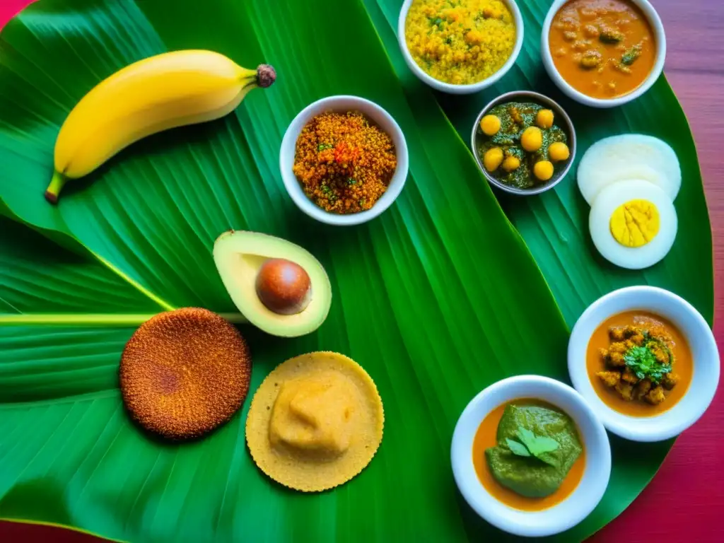 Un festín tradicional de Kerala en hoja de plátano, con deliciosos platillos locales resaltando la rica herencia culinaria
