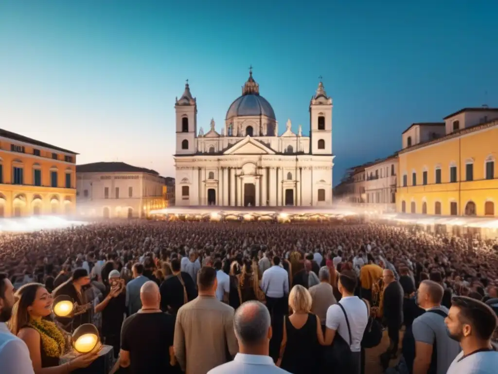 Festival de música barroca en una plaza italiana: arquitectura detallada y elegantes asistentes bajo el cielo estrellado