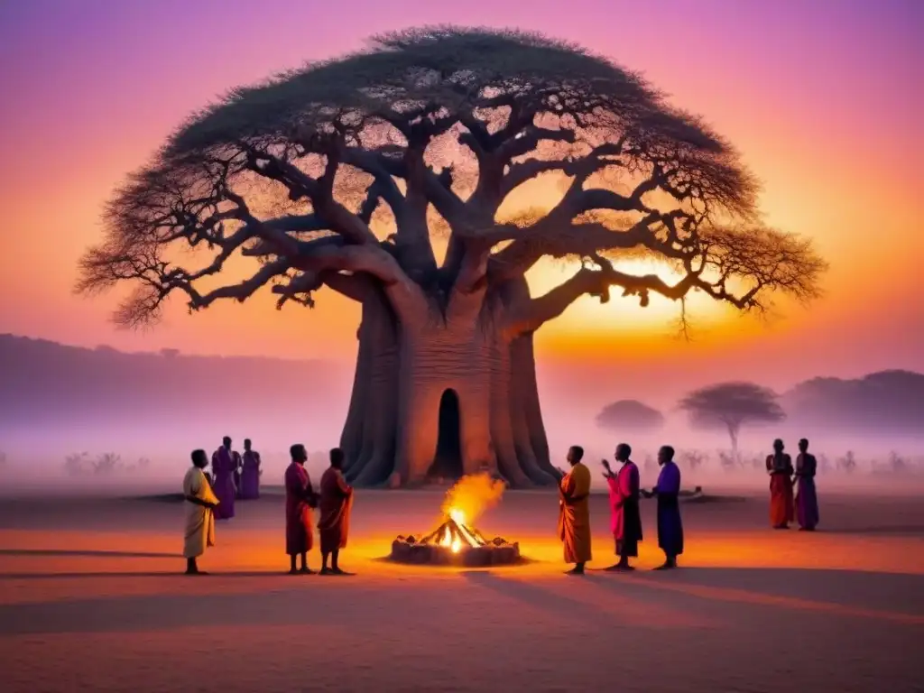 Figuras en silueta bajo un Baobab al atardecer, practicando rituales africanos