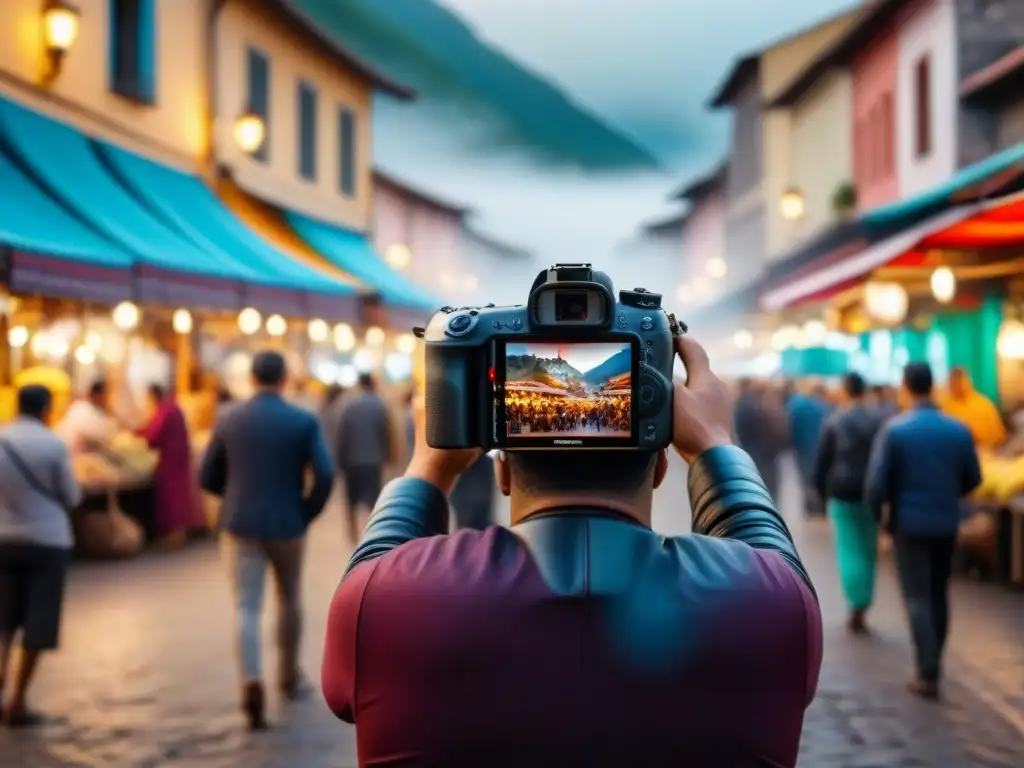 Fotógrafo de viaje captura momento cultural en mercado vibrante con tecnología