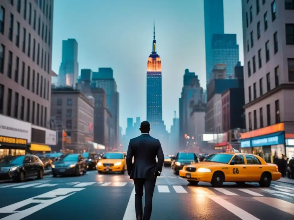 Un fotógrafo solitario capturando la bulliciosa Manhattan al anochecer, con el icónico Empire State de fondo