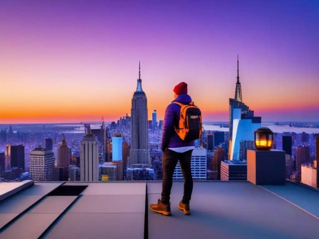 Fotógrafo solitario capturando el icónico horizonte urbano de Nueva York al anochecer desde una azotea, con el cielo naranja y morado