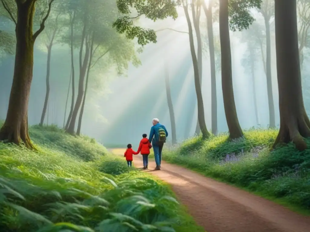 Tres generaciones caminan juntas en un bosque, creando una escena de armonía familiar