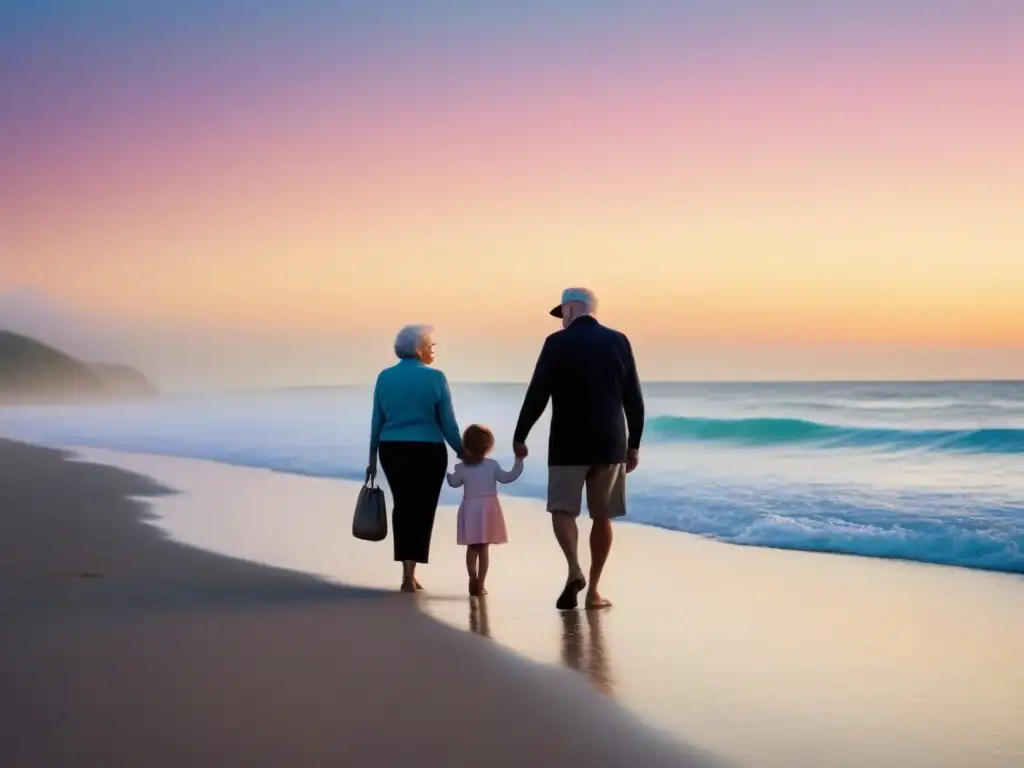 Tres generaciones caminan juntas en la playa al atardecer, reflejando el vínculo especial de viajar con niños y abuelos