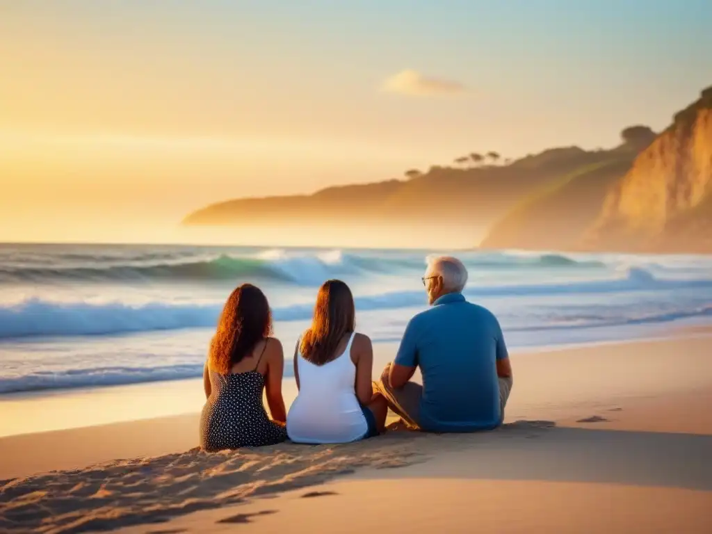 Tres generaciones en la playa al atardecer, simbolizando la armonía y conexión de viajar con niños y abuelos