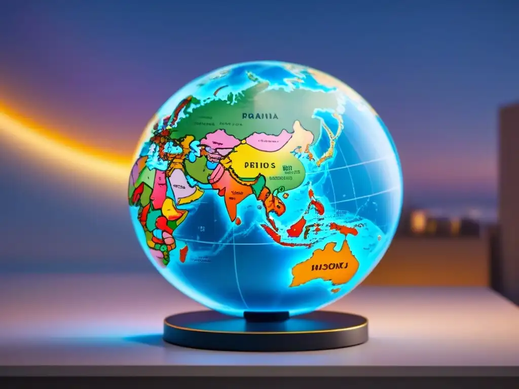 Mapa interactivo con globo futurista y rutas culturales detalladas Un globo terráqueo futurista iluminado en un mapa interactivo, reflejando rutas y destinos culturales